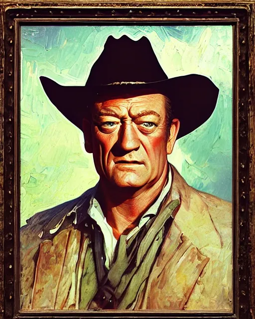 Image similar to painterly portrait, john wayne as a cowboy, impasto, fantasy, chuck close:7, carl spitzweg:7, cinematic light, full face, symmetrical face