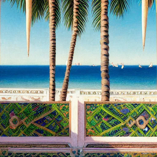 Prompt: a ultradetailed beautiful painting of the amazonas palace balustrade designed by hsiao ron cheng, jules bastien - lepage, hans belmer, frank weston and gustave baumann, beach, trending on artstation, mediterranean, palm trees, refracted color sparkles, sharp focus, soft light, 8 k 4 k