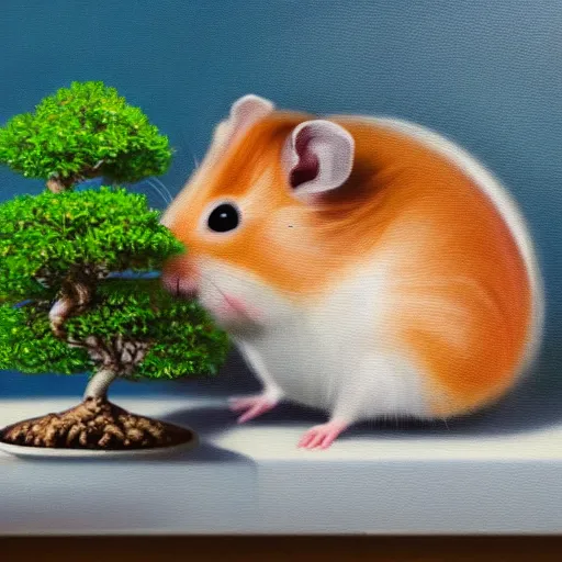 Prompt: an extremely detailed oil painting of a hamster, sitting under a bonsai tree at the sunset. colorful. trending on artstation. 4 k.