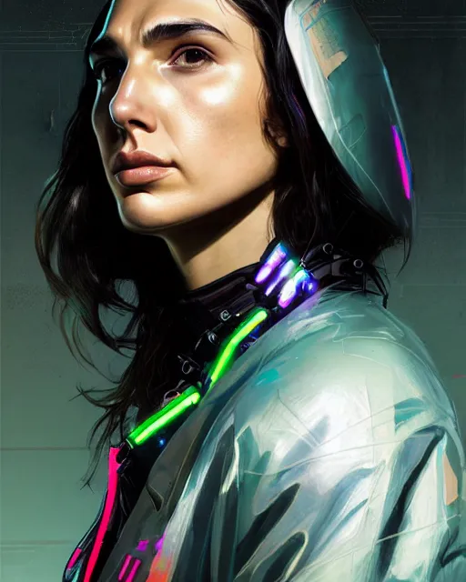 Image similar to detailed side profile portrait Gal Gadot, cyberpunk futuristic neon, reflective puffy coat, decorated with traditional Japanese ornaments by Ismail inceoglu dragan bibin hans thoma greg rutkowski Alexandros Pyromallis Nekro Rene Maritte Illustrated, Perfect face, fine details, realistic shaded, fine-face, pretty face