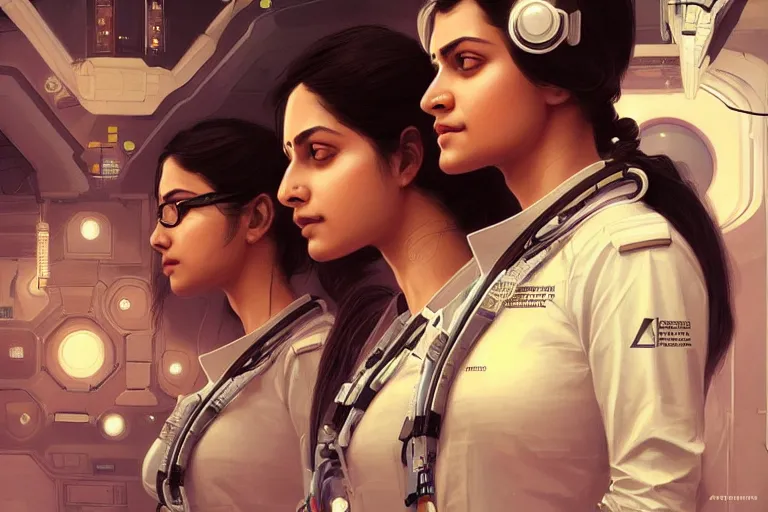 Prompt: Sensual beautiful female pale young Indian doctors wearing Deus Ex Human Revolution clothing in a space station above Earth, portrait, elegant, intricate, digital painting, artstation, concept art, smooth, sharp focus, illustration, art by artgerm and greg rutkowski and alphonse mucha