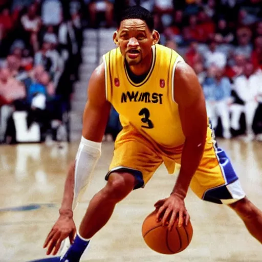 Prompt: award - winning hyperdetailed photograph of will smith playing in the nba, wearing nba jersey, nba court, as seen on getty images, 4 k, 8 k, hd quality