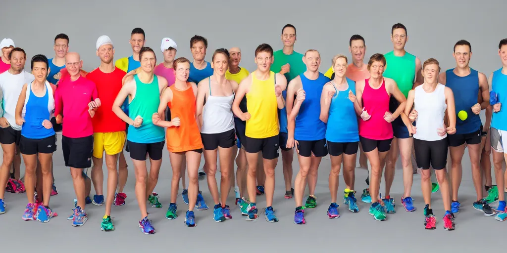 Prompt: Studio Photograph of starting line of many marathon runners colourful. Frontal. Wide shot. Studio lighting. White background.