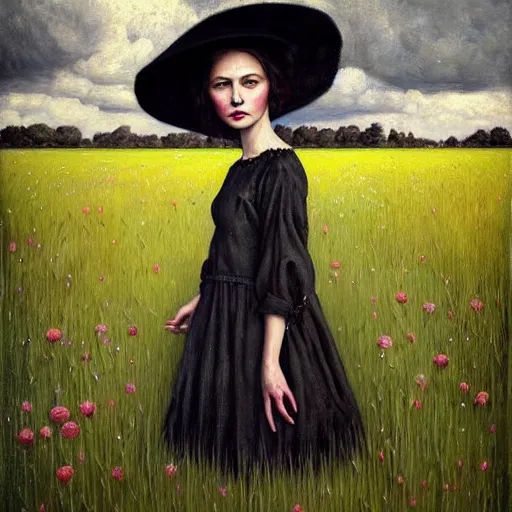 Image similar to a girl standing in a field, wearing black old dress and hat, by andrea kowch, andrea kowch style painting, dark, scene, magicrealism, flowers in background,