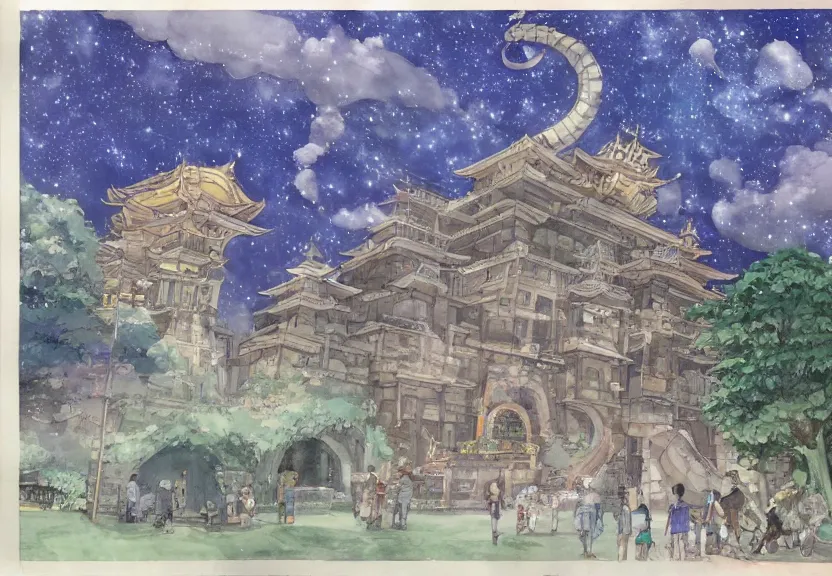 Prompt: a hyperrealist watercolor concept art from a studio ghibli film showing a giant grey chibi elephant. a temple is under construction in the background in india on a misty and starry night. by studio ghibli. very dull muted colors