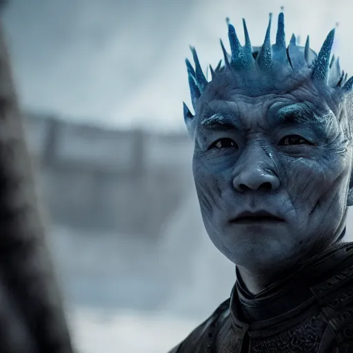 Image similar to justin sun as night king in game of thrones versus crimson bee, 4 k, epic, cinematic, focus, movie still, fantasy, extreme detail, atmospheric, dark colour, sharp focus