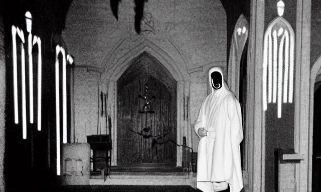 Image similar to cultist in robe with mask and gloves, satanic church interior, ceremonial, realistic photo, cctv footage, horror lighting, dim lighting