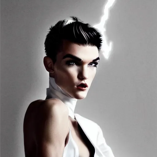 Image similar to stunning portrait of androgynous ruby rose as desire from sandman in a white tuxedo!!!, rockabilly style, by gregory crewdson, by alphonse mucha, by jeremy mann, by peter lindbergh, dave mckean, white suit and black tie, soft lightning, high detailed, 8 k