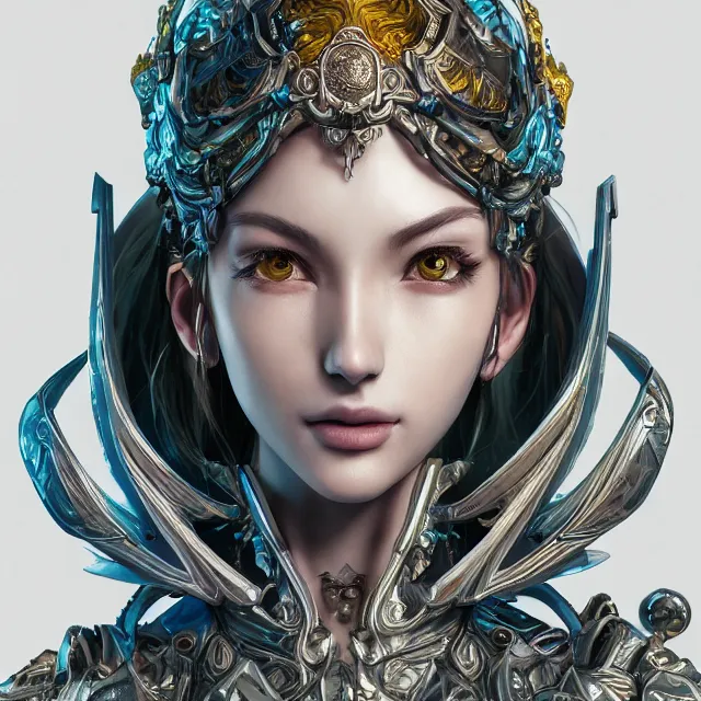 Image similar to studio portrait of lawful good colorful female divine mech paladin as absurdly beautiful, elegant, young sensual gravure idol, ultrafine hyperrealistic detailed face illustration by kim jung gi, irakli nadar, intricate linework, sharp focus, bright colors, matte, octopath traveler, final fantasy, unreal engine highly rendered, global illumination, radiant light, intricate environment