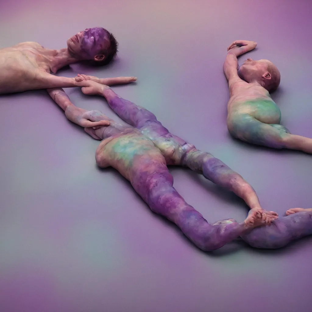 Image similar to cinestill of iridiscent oil with corpses connected by ethernet cables to wax technical forms to a buried baby relaxing on yoga mat, faded, iridiscent gradient, purple fog, depth of field, blur, very detailed, by nadav kander and hans bellmer, 8 k, ultrarealistic, sad atmosphere, cinematic, 8 5 mm lens