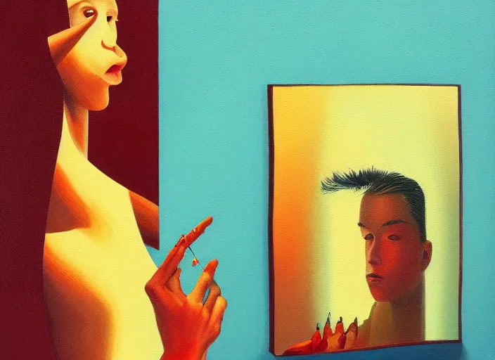 Image similar to a painting of a person looking in a mirror, a surrealist painting by Taro Okamoto, behance contest winner, pop surrealism, surrealist, cosmic horror, biomorphic