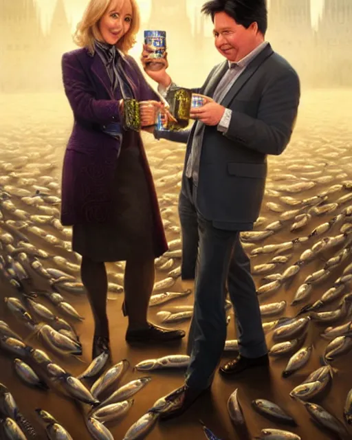 Prompt: j k rowling & michael mcintyre holding a ring pull can of sardines, elegant, real life skin, intricate, high detailed, artstation, concept art, smooth, sharp focus, art by artgerm and greg rutkowski