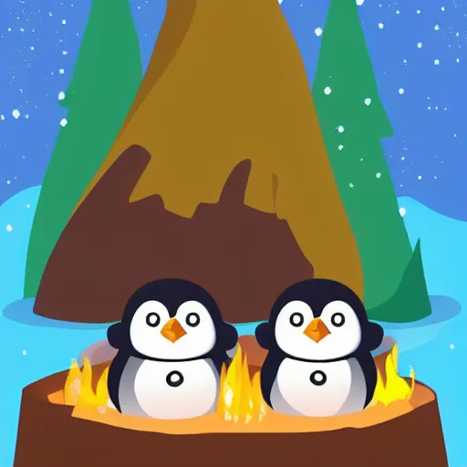 Image similar to two happy cute chibi penguins sitting around a campfire near a cave entrance to a mountain, there is a forest of trees in the background and a small frozen lake in the distance, trending on artstation, 3d digital artwork, cinematic lighting, 4K, very full detail, vector, amazing artwork, trending on Behance award-winning art, kawaii