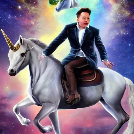 Prompt: an extremely high quality hd surrealism painting of elon musk riding a unicorn with emma watson's face