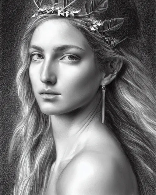 Image similar to pencil drawing of a beautiful greek goddess aphrodite wearing a laurel wreath and arrowhead earrings, beautiful confident and piercing eyes, beautiful flowing hair, hyper realistic face, in the style of greg rutkowski, fantasy, amazing detail, epic, elegant, smooth, sharp focus, from the front