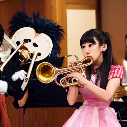 Prompt: Kumiko Oumae playing the Euphonium and Reina Kousaka playing the trumpet from Hibike Euphonium as muppets 4k