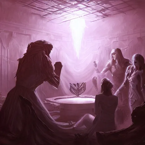 Image similar to a seance in a dark room with white glow, futuristic, fantasy art, magic : the gathering