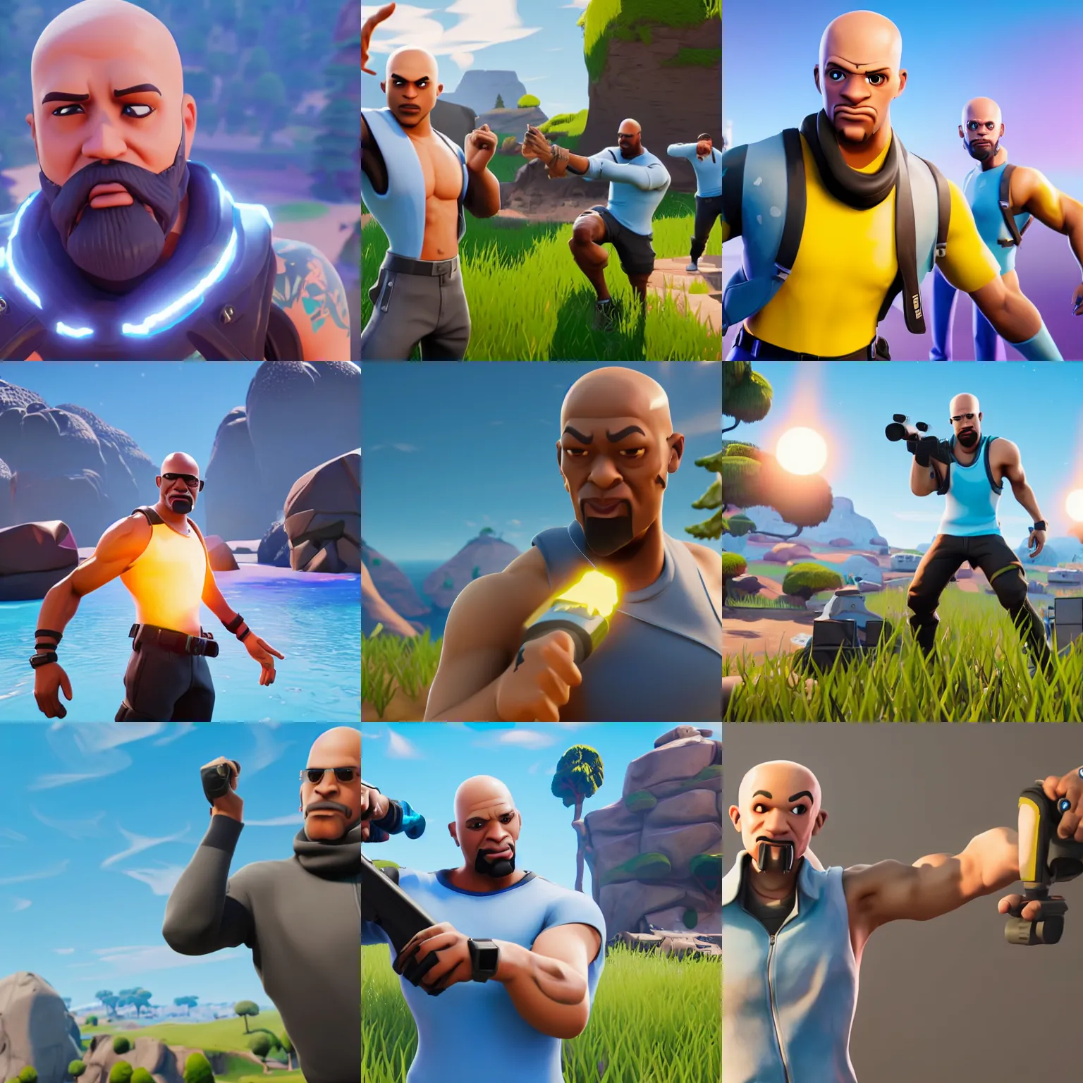 Prompt: A bald man with light blue skin dabbing in Fortnite, unreal engine 5 render