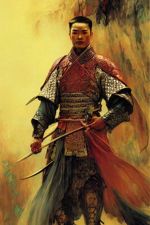 Prompt: wuxia, knight, male, character design, ancient china, colorful, painting by gaston bussiere, craig mullins, j. c. leyendecker, tom of finland