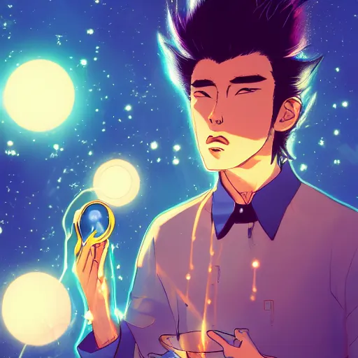 Image similar to A man drinking a cup of cosmic energy, bright light, by Masafumi Harada, 4k, digital art, surreal, anime style, space dandy style, highly detailed, godsend, artstation