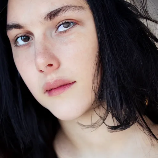 Image similar to young woman with shoulder - length messy black hair, slightly smiling, 1 3 5 mm nikon portrait