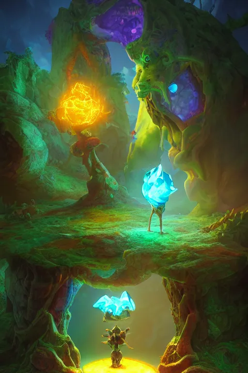 Image similar to arcane fantasy art giant golem elemental wood rock bastion forged gemstone enchanted forest troll, global illumination ray tracing hdr fanart arstation by sung choi and eric pfeiffer and gabriel garza and casper konefal lisa frank zbrush central hardmesh radiating a glowing aura