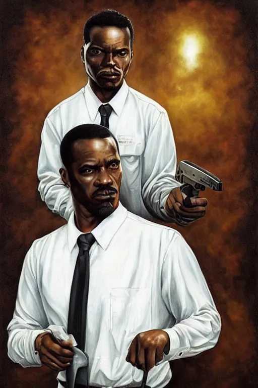 Prompt: a black man wearing a white shirt tucked into slacks. he is wielding a knife with a confident and smug look on his face. in the style of of true detective. art by tomasz alen kopera and glenn fabry.