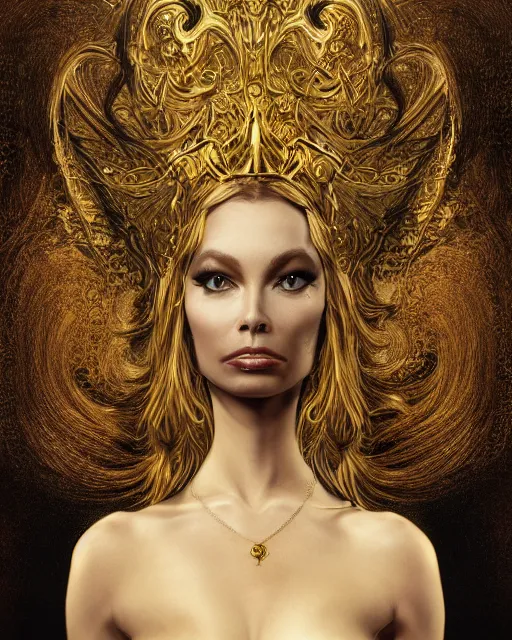 Image similar to concept art, Briana Banks, beautiful, frank frazetta, ornate, art nouveau, symmetrical, gold jewelry, high contrast, unbiased render, Emil melmoth, eerie, haunting, victorian, 8k, octane render, style of Gustav Klimt, head and shoulders