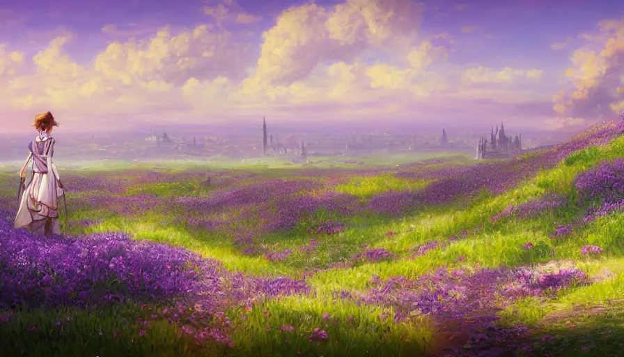 Image similar to over the shoulder landscape midjourney painting of violet evergarden standing on a distant colorful flower hill, behind it a distant old european city leiden from violet evergarden next to the reflecting ocean, ocean, sunshine, fantasy, intricate, elegant, highly detailed, digital painting, artstation, blender, unreal engine 5, octane render, smooth, sharp focus, illustration, by Anton Fadeev and Philipp A. Urlich and Pengzhen Zhang and Andreas Rocha