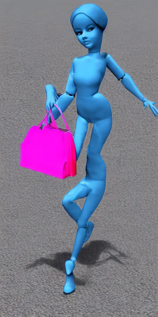 Prompt: 3d glitched malice blue doll carrying a pink fashion bag in a street city psx rendered early 90s net art n64