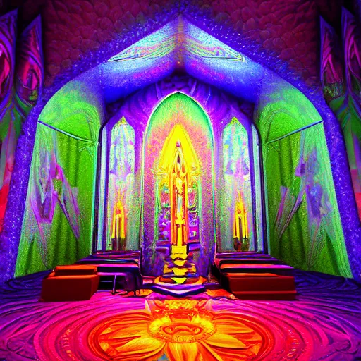 Image similar to Psychedelic crystalline cathedral altar Visionary Sacred Holy Detailed Ben Ridgway art style 8K Detail Colorful Awesome VRay Unreal Engine 5 Substance Designer Octane Render LightWave 3D 3Delight 3D shading 3ds Max