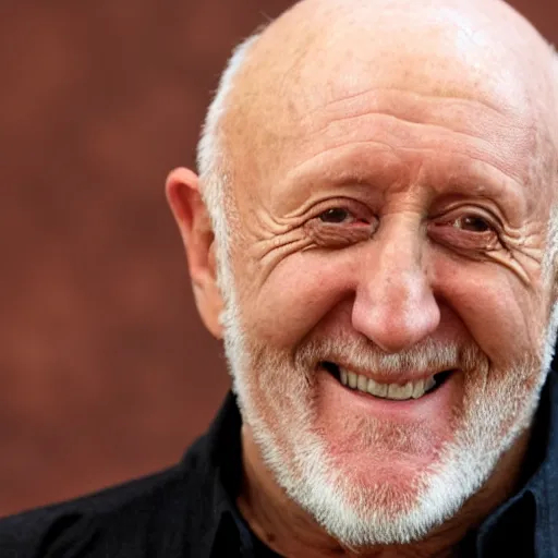 Image similar to mike ehrmantraut grinning in front of a camera