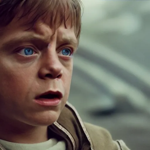 Prompt: film still of mark hamill as a kid in new star wars movie, dramatic lighting, highly detailed face, kodak film, wide angle shot,