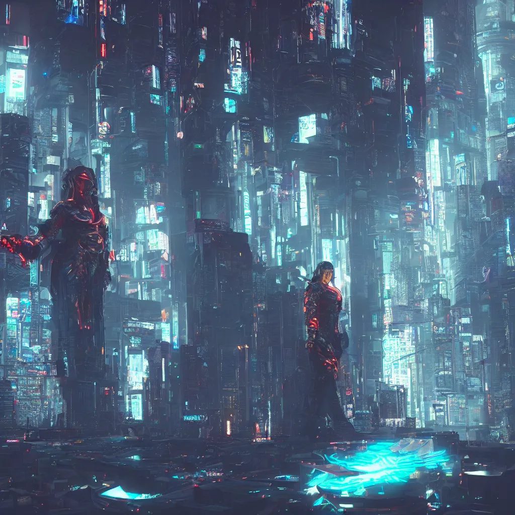 Image similar to cyberpunk god boss fight, photorealistic, octane render, 8 k, high detail