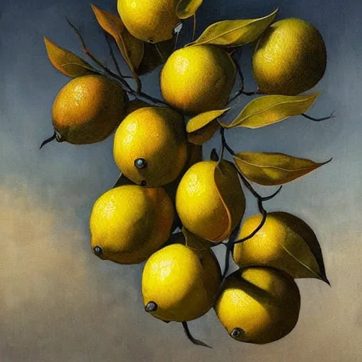 Image similar to an oil painting of a lemon tree by esao andrews. circa survive album cover art. dark. muted colors. gothic. oil painting with brush strokes. creepy.