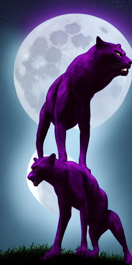Prompt: high quality render of a purple colored panther roaring at night. large moon in the center of the background. digital drawing, illustration, 4 k, render, matte, highly detailed, artstation, realistic, dramatic, darkness, moon.