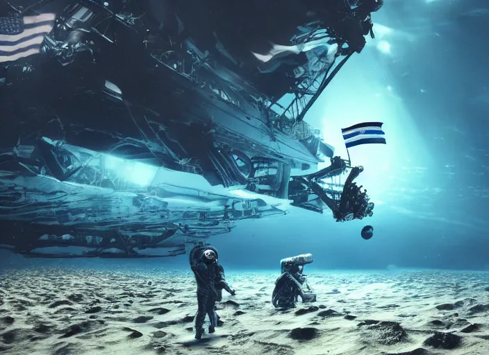 Image similar to astronaut underwater putting a flag in the sand of the bottom of the ocean. there is a futuristic submarine in the distance. dark, concept art, cinematic, dramatic, atmospheric, 8 k, trending on artstation, low visibility, fog, zack snyder