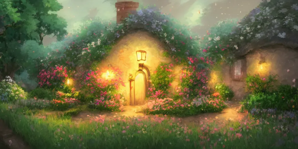 Image similar to Flowery cottage, evening, Studio Ghibli, Artstation