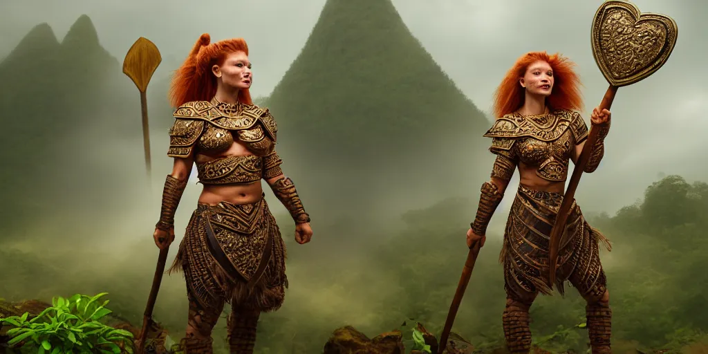 Prompt: armoured ginger dwaven woman wielding a hammer and shield, jungle clearing, awesome floating mountain in the shape of a human heart by Charlie White 4k realism distant landscape