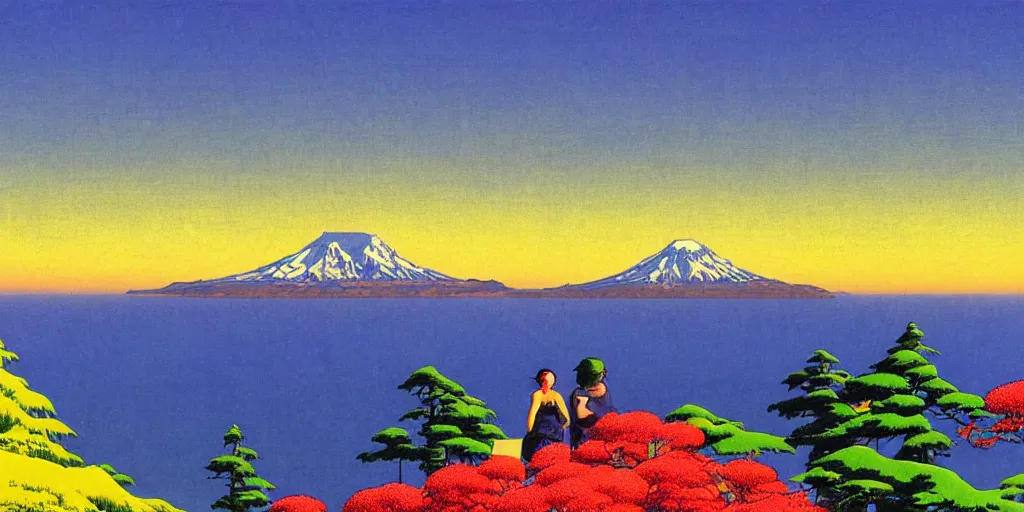 Image similar to seattle with mount rainier in the background, acid and dreaming psychedelic hallucinations, by kawase hasui, moebius and edward hopper, colorful flat surreal design, hd, 8 k, artstation