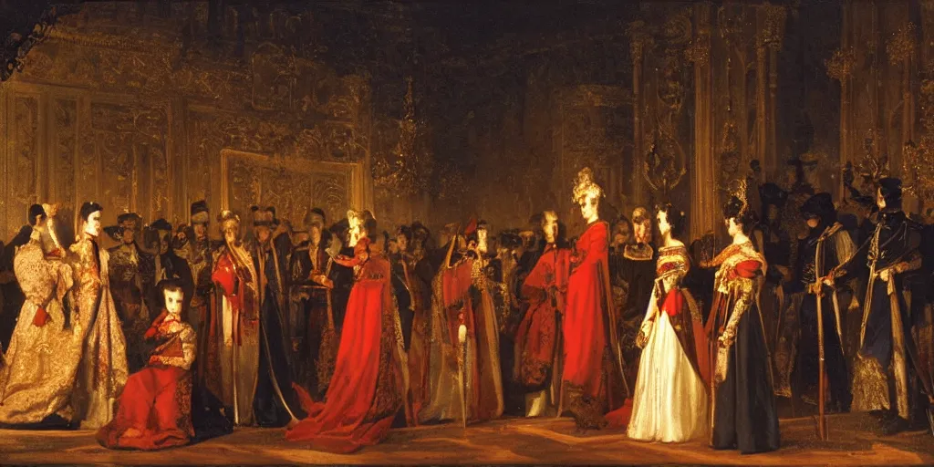 Prompt: Empress Sisi talking to peasants at night, epic lighting