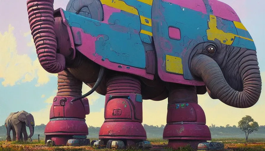 Image similar to an intricate oil painting of a giant south african armored elephant mecha by simon stalenhag, pink, yellow and cyan paint decals