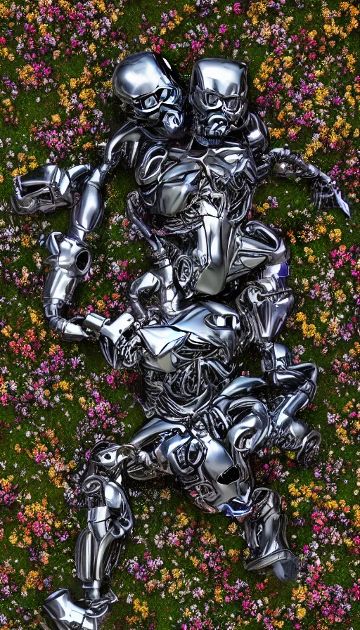 Image similar to destroyed terminator lying in a field of flowers, twisted metal, chrome, reflections, anthropomorphic, photorealism, smoke, metal, 8 k, surreal, wires, smooth, sharp focus, top view, extremely detailed, hyperrealism, elegant, establishing shot, by jeff koons, artgerm and greg rutkowski