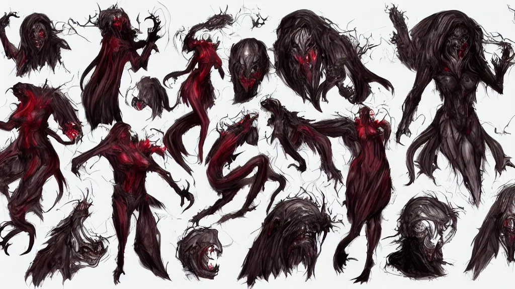 Image similar to a hazy shape shifting demonic spirit with red eyes character design sheet, trending on artstation