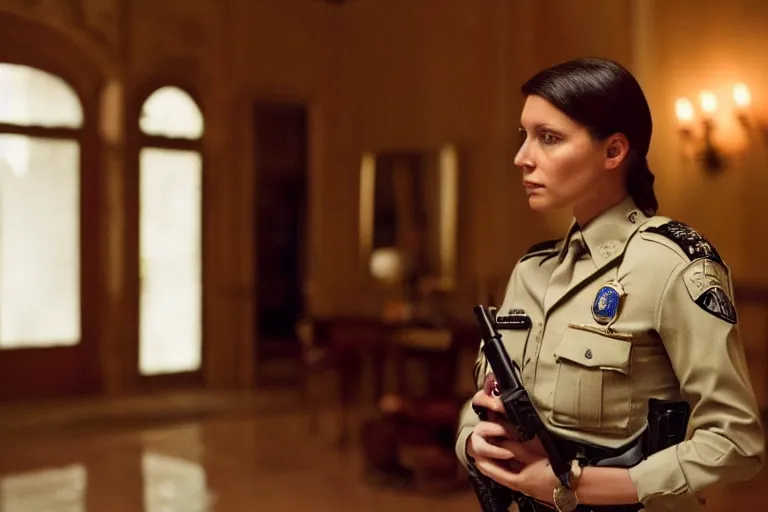 Image similar to cinematography closeup portrait of a beautiful woman cop talking to her shoulder radio in an decadent mansion foyer by Emmanuel Lubezki