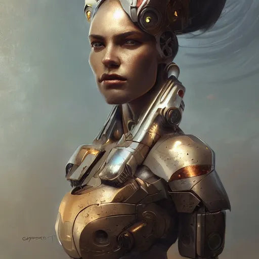 Image similar to a beautiful portrait of a cyborg goddess, a detailed painting by greg rutkowski and raymond swanland, featured on cgsociety, fantasy art, detailed painting, artstation hd, photorealistic