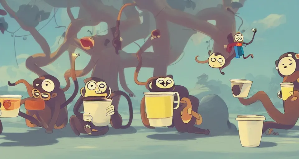 Image similar to cartoon monkeys drinking lots of coffee in the style of adventure time, the amazing world of gumball, pixar, toki doki, greg rutkowski and makoto shinkai, trending on artstation