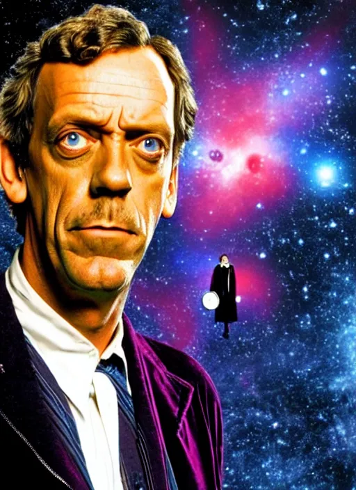Prompt: vhs cover still of hugh laurie as doctor who in front of a nebula through the open door of the tardis