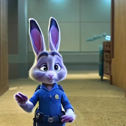 Image similar to Judy Hopps, the rabbit police officer from Zootopia, interrogating Hannibal Lecter from Silence of the Lambs, mashup, 4k movie still