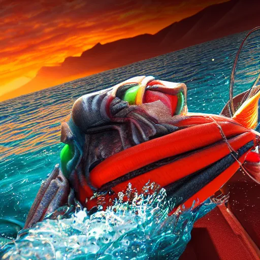 Image similar to gizmo goes deep sea fishing in a sportfisherman boat. gizmo is fishing for swedish fish candy by using gummi worm candy as bait. photorealistic digital art, epic fantasy, dramatic lighting, cinematic, extremely high detail, cinematic lighting, trending, artstation, cgsociety, 3 d ue 5, 4 k, hq